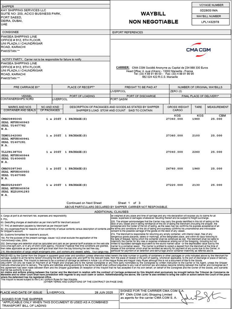 LPL1432978 - SWB | PDF | Cargo | Bill Of Lading