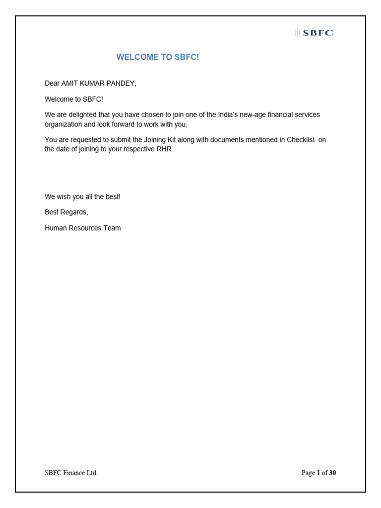 SBFC Employee Joining Kit Details | PDF