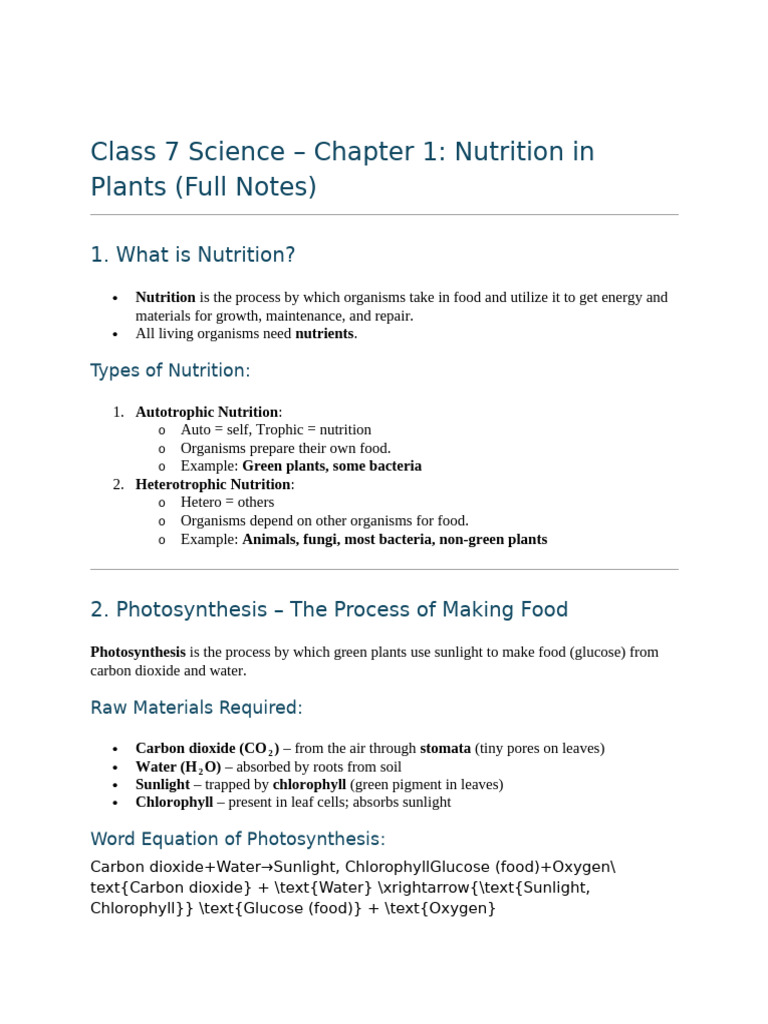 Class 7 Science - Chapter 1: Nutrition in Plants (Full Notes) | PDF |  Nutrition | Diet & Nutrition