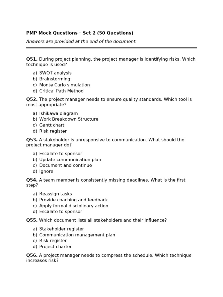 PMP Mock Questions Set1 | PDF | Risk | Project Management