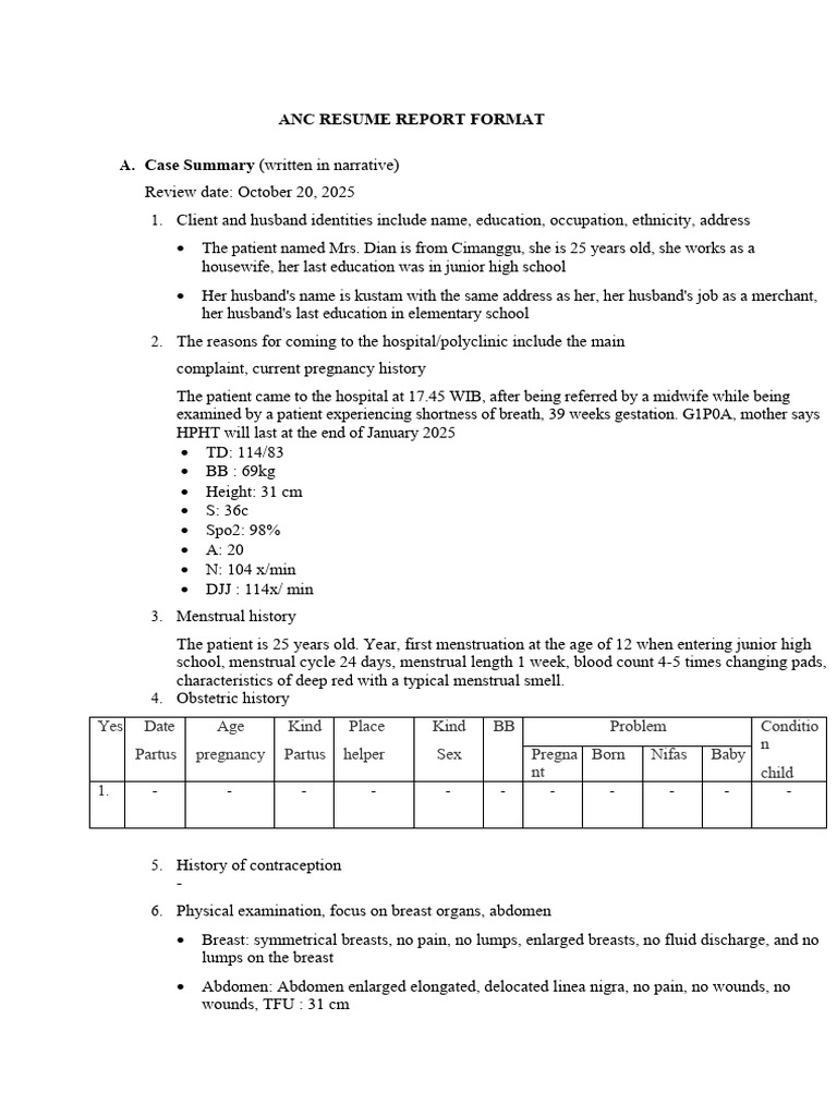 Anc Resume Report Format | PDF | Menstruation | Medical Specialties