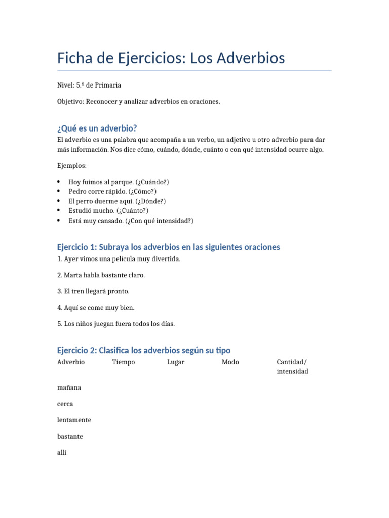 Ejercicios de Adverbios para 5.º Primaria | PDF