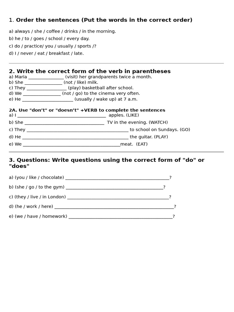 English Grammar Exercises: Sentence Order & Verb Forms | PDF