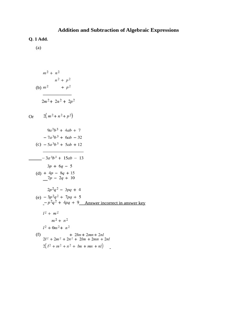 Algebraic Expressions: Addition & Subtraction | PDF