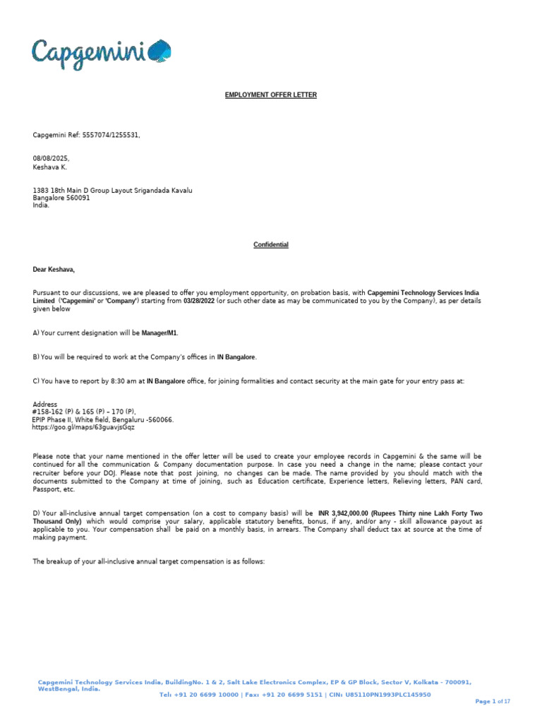 Cap GeminiOfferLetter | PDF | Payroll | Intellectual Property