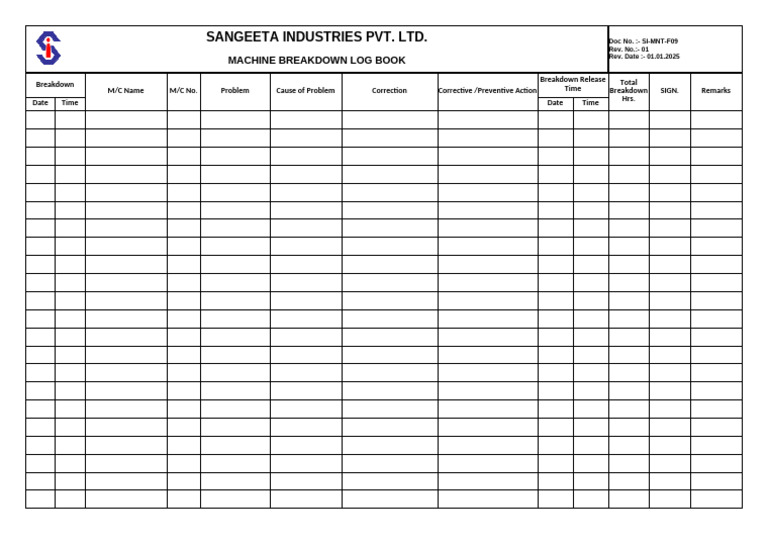 Machine Breakdown Log Book Template | PDF