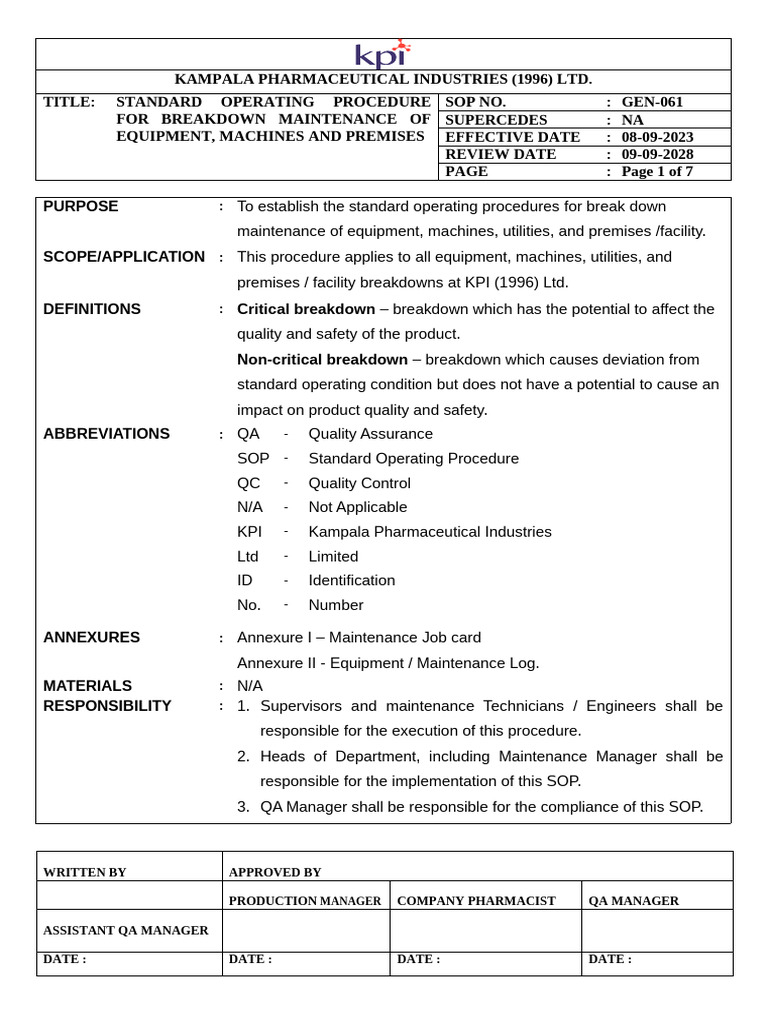 Breakdown Maintenance SOP for KPI | PDF