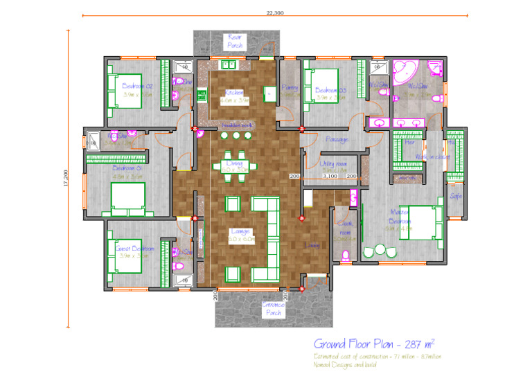 Ground Floor Plan 287 m² Design | PDF | Bedroom | Interior Design