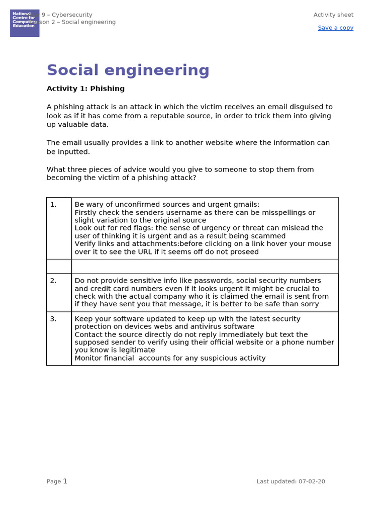 Copy of A1 Worksheet - Social Engineering | PDF | Phishing | Social ...