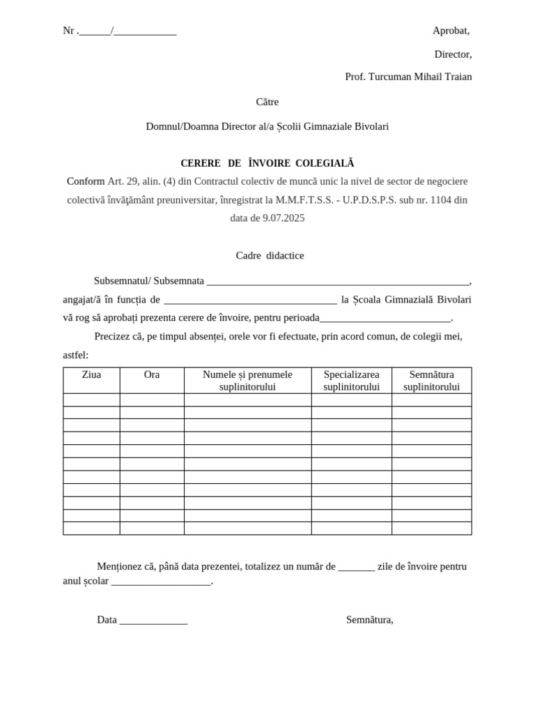 Cerere de Invoire Colegiala 2025-2026 | PDF