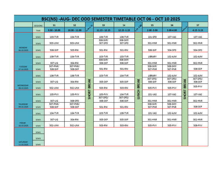 Odd Semester Timetable 6 Oct - Oct 11 2025 .XLSX - TT | PDF