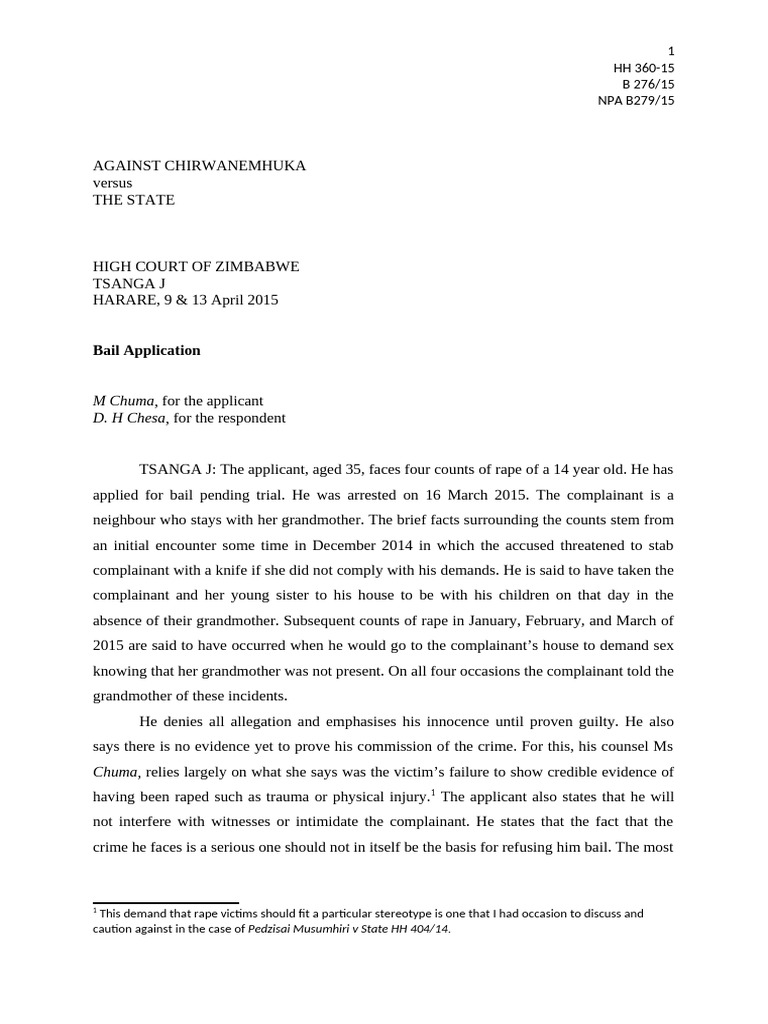Chirwanemhuka V S (Application For Bail, Bail Application in Rape Cases ...