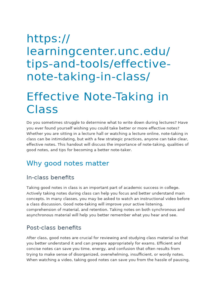 Effective Class Note-Taking Tips | PDF | Psychological Concepts | Learning