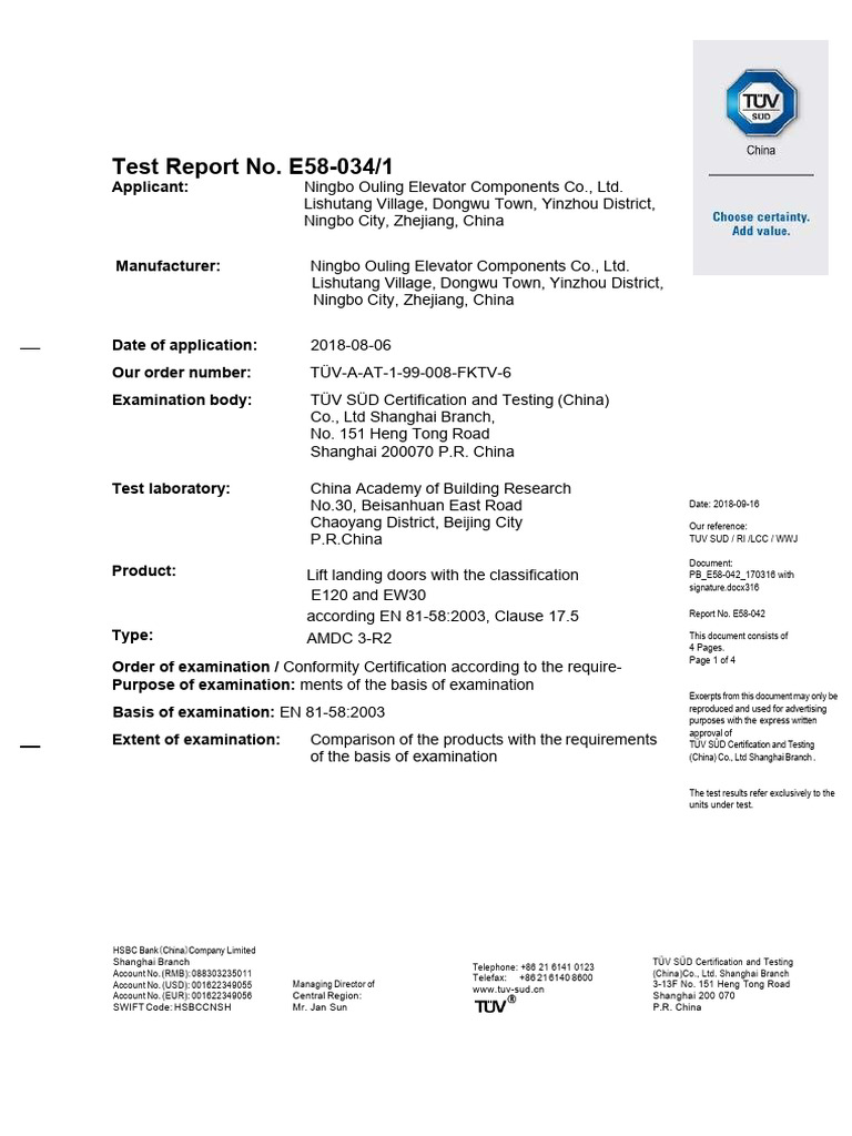 TÜV Test Report for Lift Landing Doors | PDF