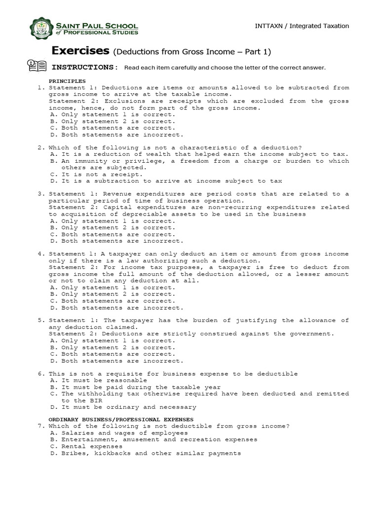 Tax Deductions Exercises for Income Tax | PDF | Tax Deduction | Gross ...