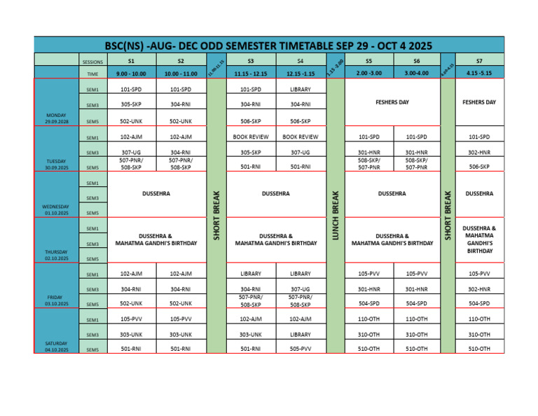 Odd Semester Timetable 29 Sep - Oct 4 2025 .XLSX - TT | PDF