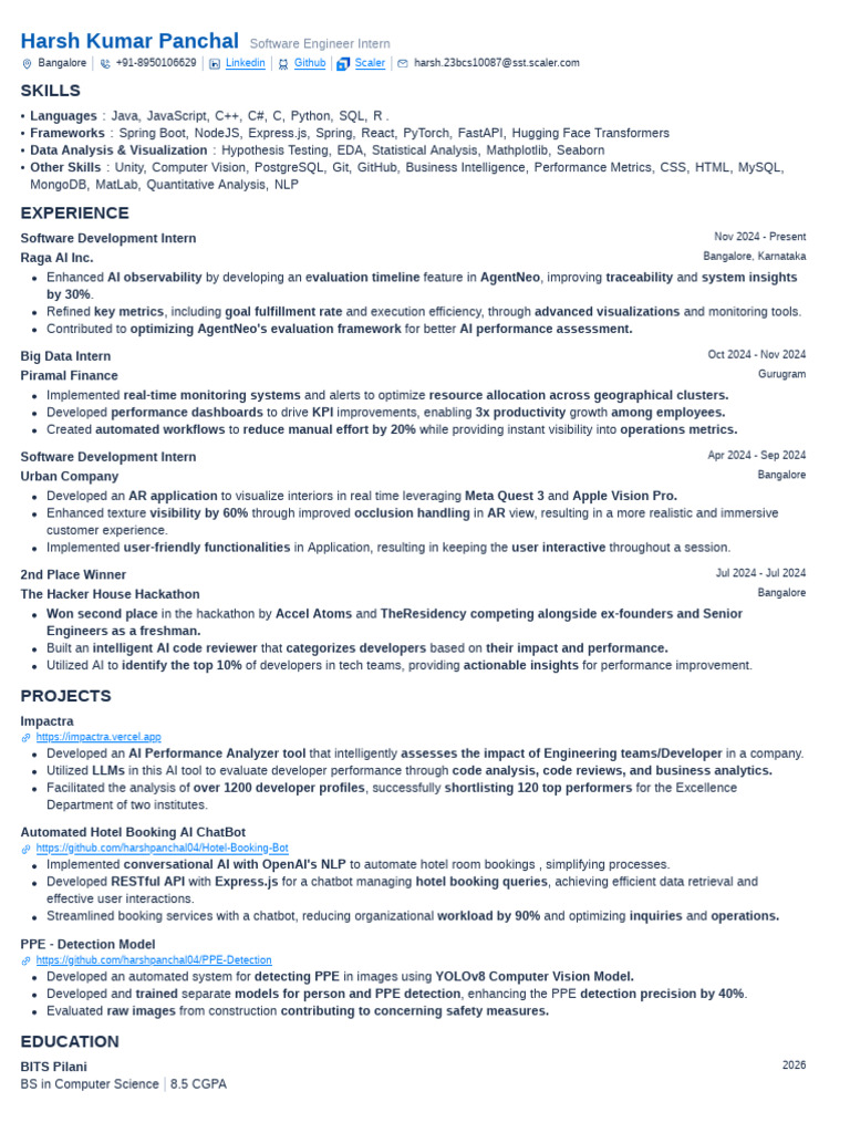 Software Engineer Intern Profile - Skills & Experience | PDF ...