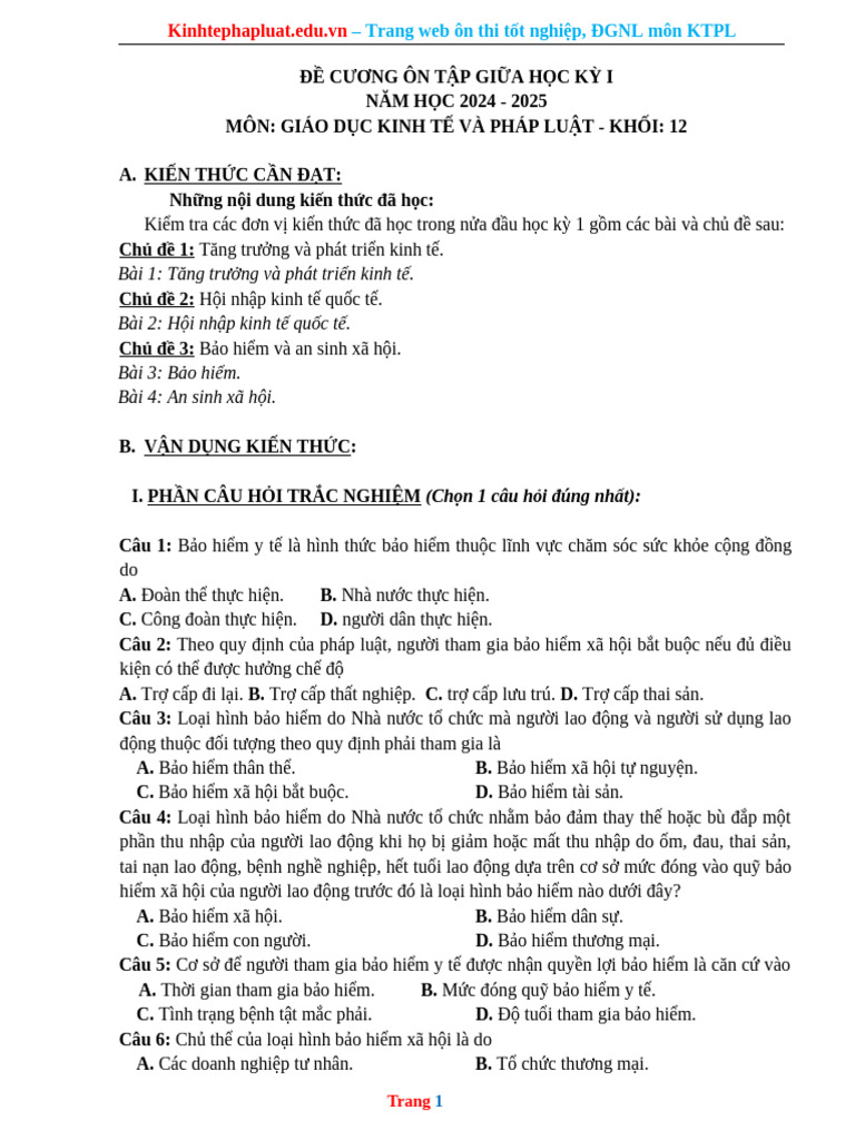 De Cuong On Tap Giua HK1 GDKT Va PL 12 Nam 24 25 | PDF
