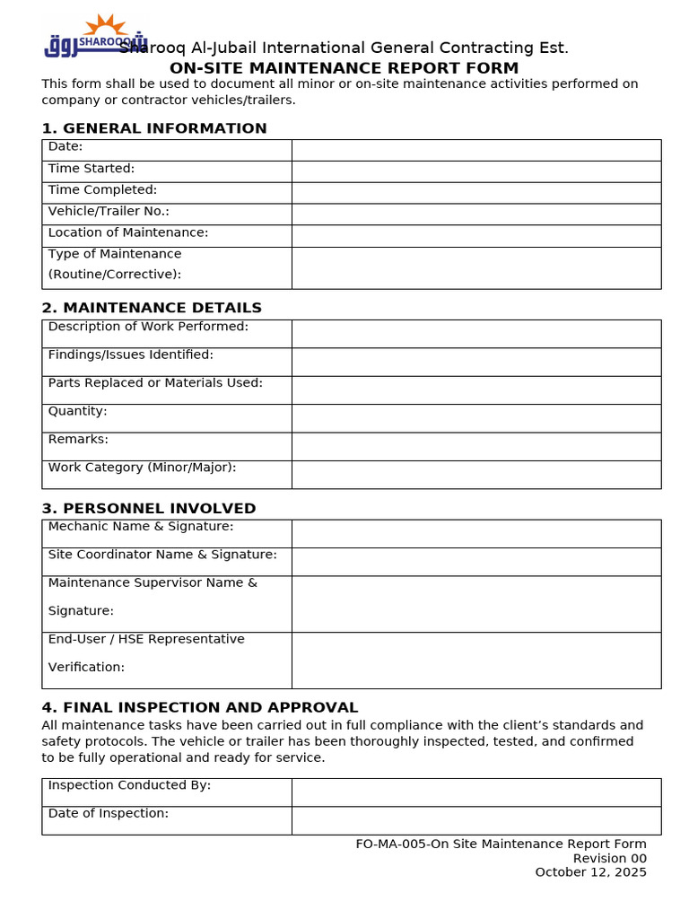 FO-MA-005-On Site Maintenance Report Form | PDF