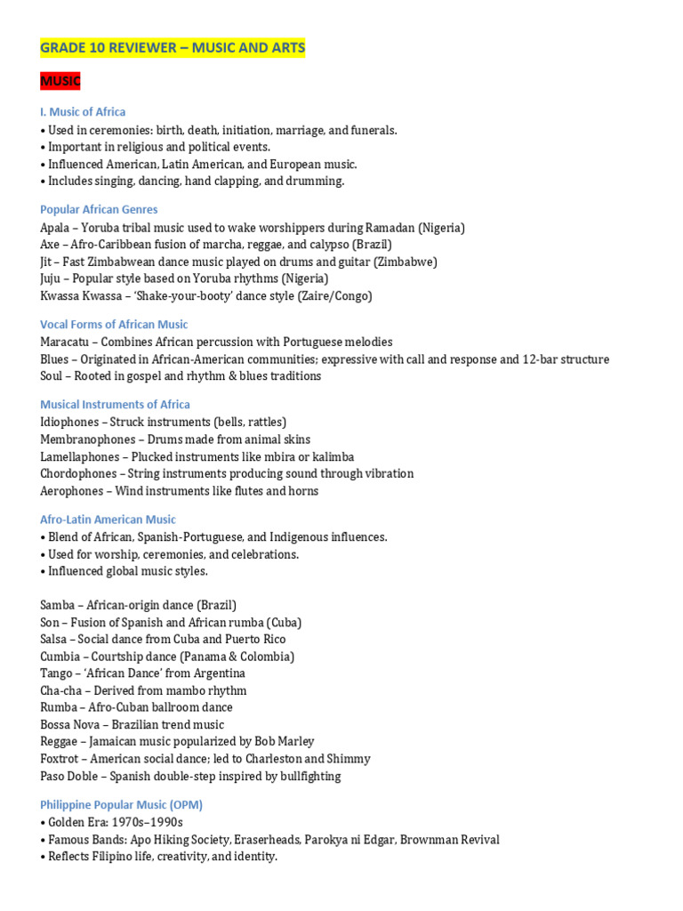 Grade 10 Reviewer Music and Arts | PDF | Performing Arts | Musicology