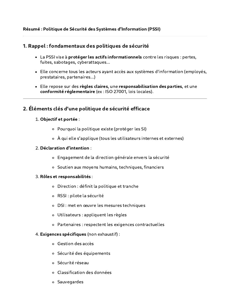 Politique de Sécurité des Systèmes d'Information | PDF | Sécurité des ...