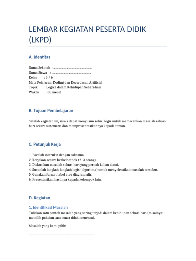 LKPD Koding: Logika Sehari-hari Kelas 5-6 | PDF