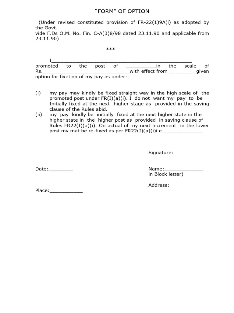 FR 22 Form for Pay Fixation Options | PDF