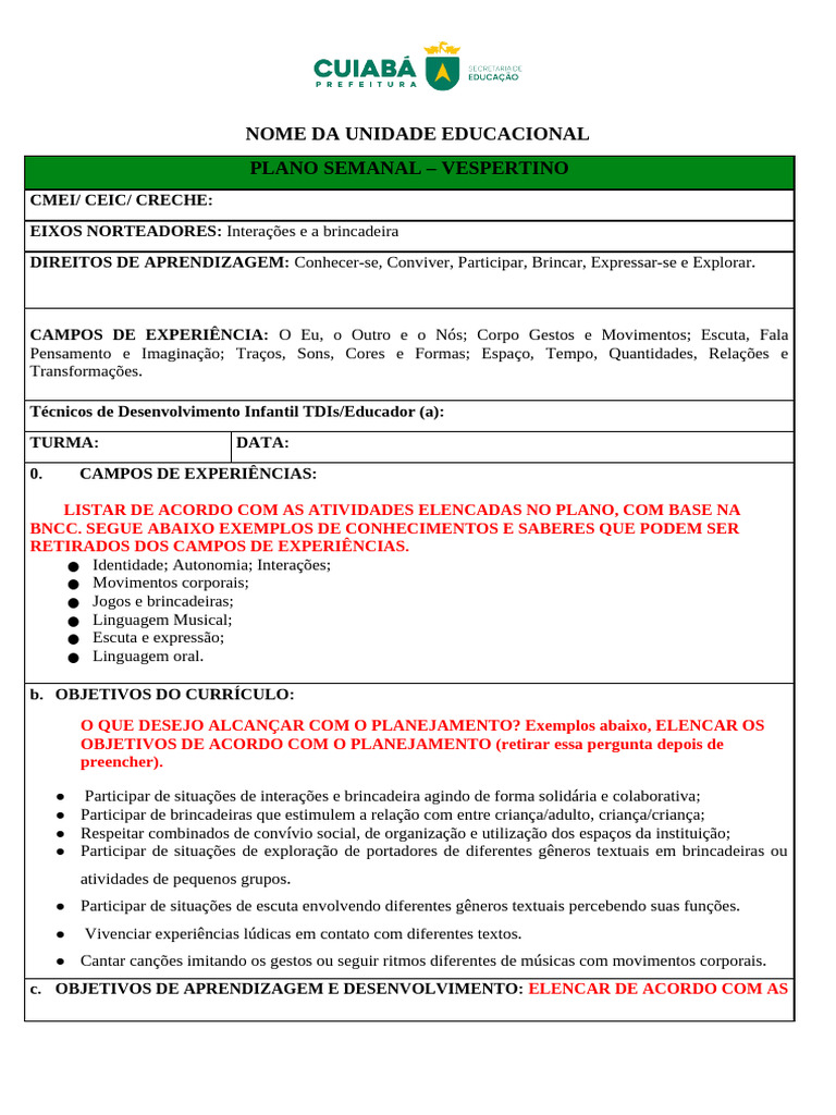 Plano Semanal de Atividades Infantis | PDF | Brincar | Educação Infantil