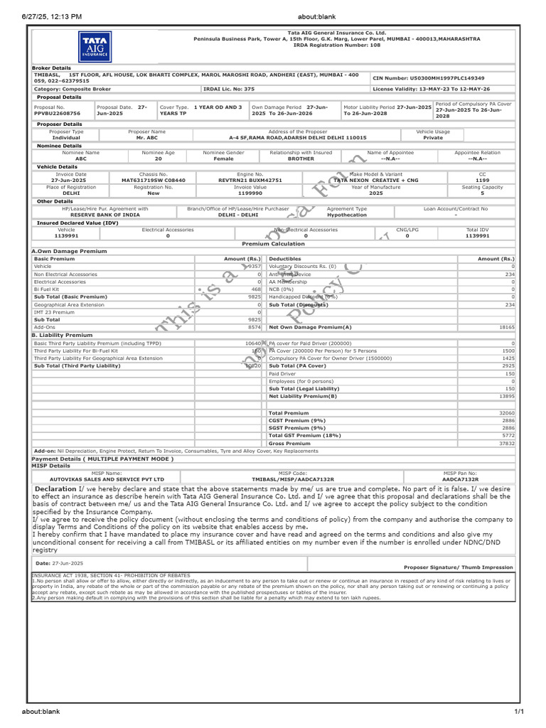 Tata AIG Motor Insurance Proposal Details | PDF | Insurance | Business Law
