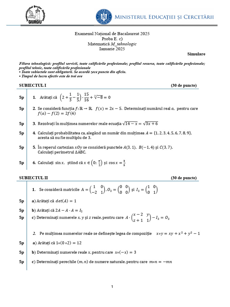 M - Tehnologic Mate - 2025 - Subiecte | PDF