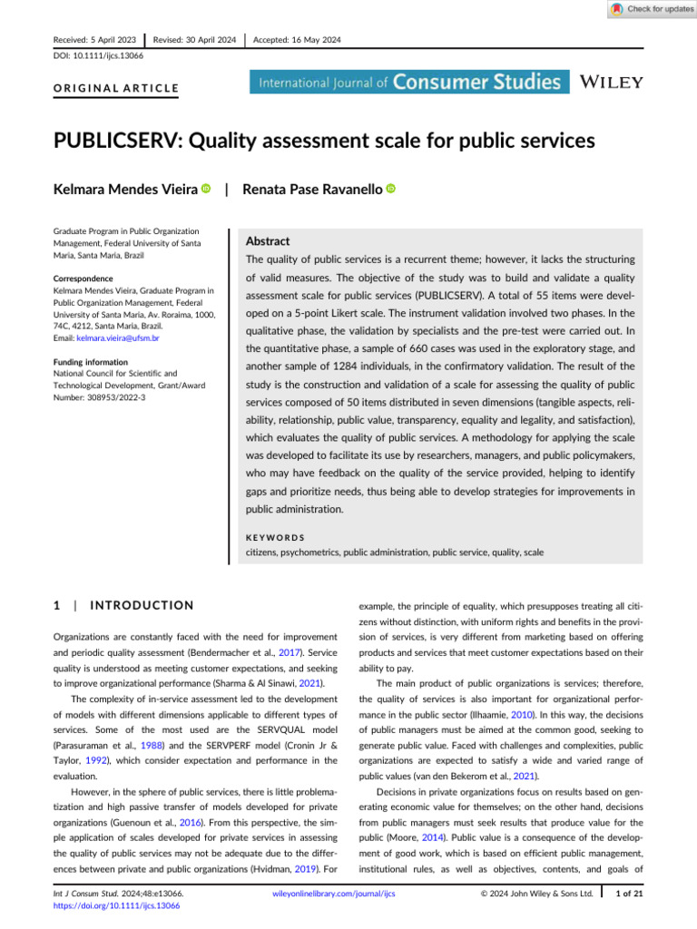 Int J Consumer Studies - 2024 - Vieira - PUBLICSERV Quality Assessment ...