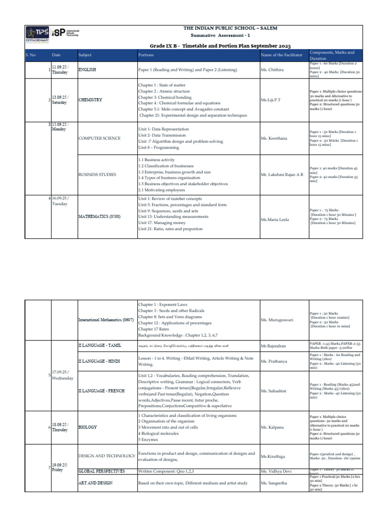 Grade IX B Assessment Timetable 2025 | PDF | Grammatical Tense ...
