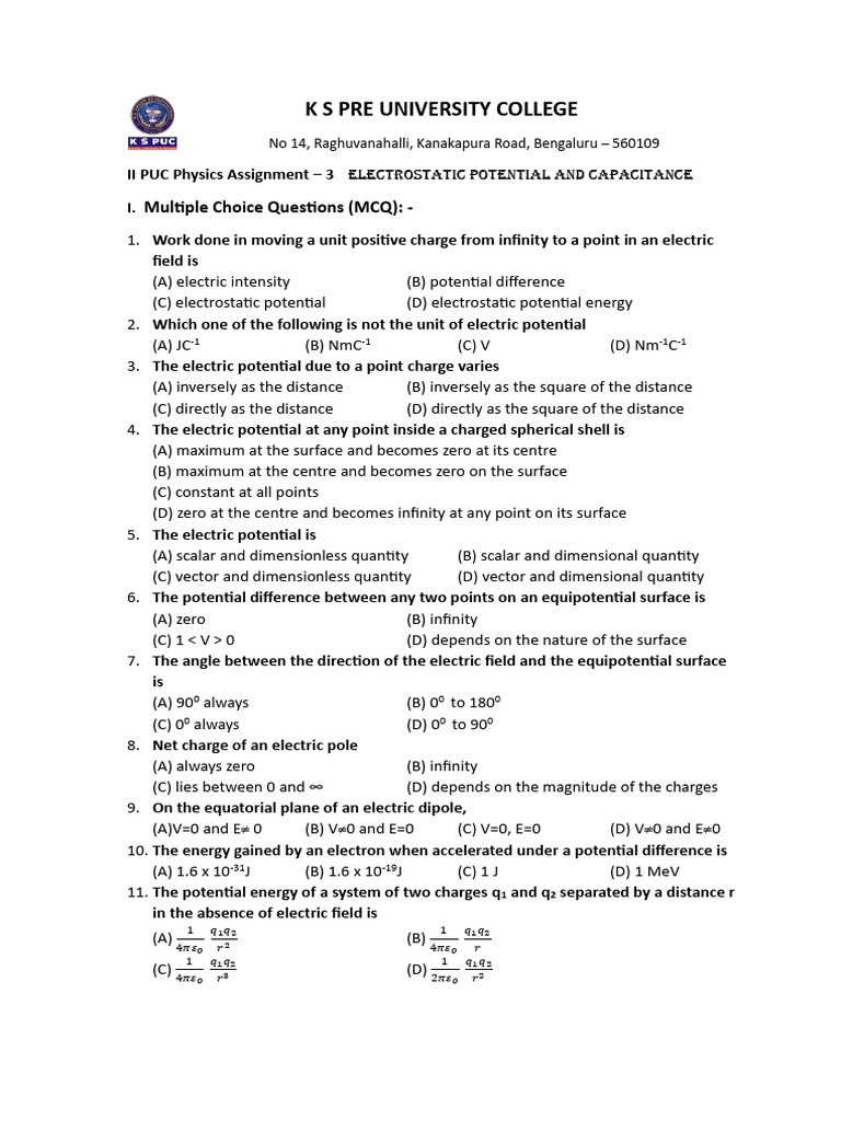II PUC Physics Assignment: Electrostatics | PDF | Capacitance | Capacitor