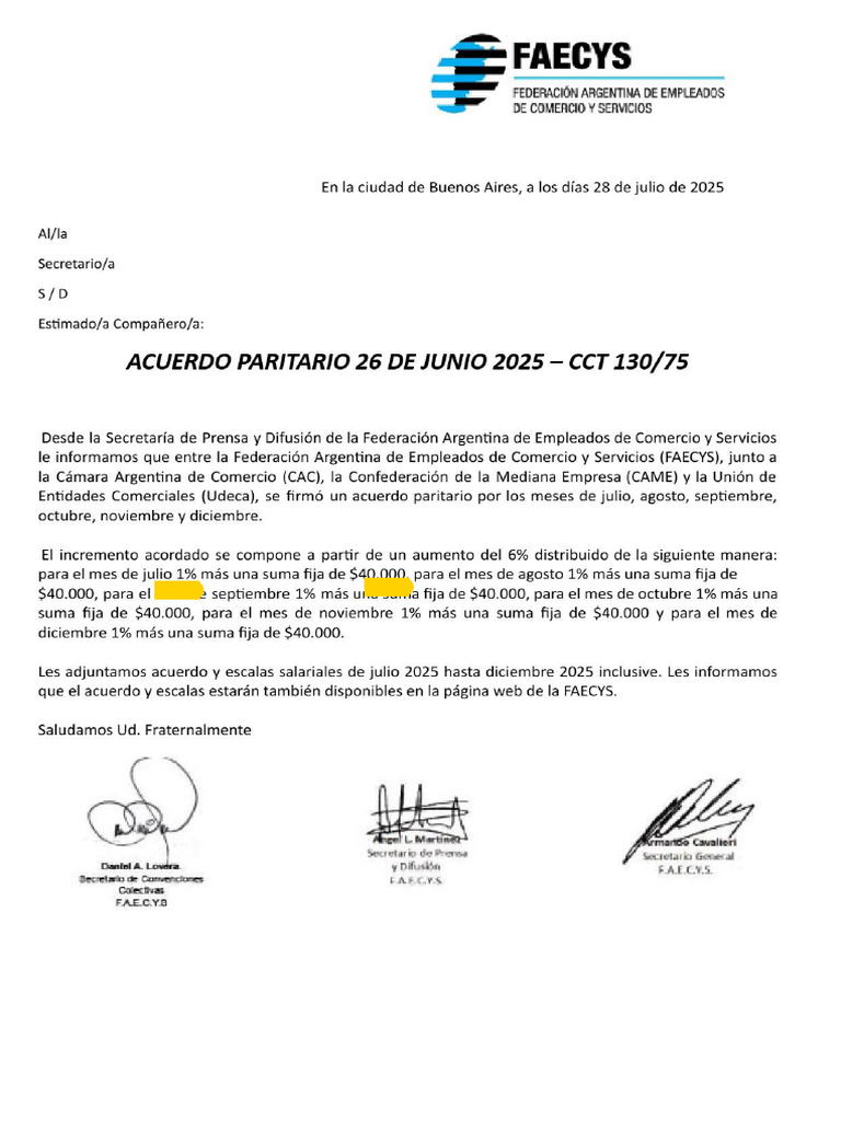 Acuerdo Paritario y Escalas - 26 de Junio 2025 - CCT 130 - 75 | PDF
