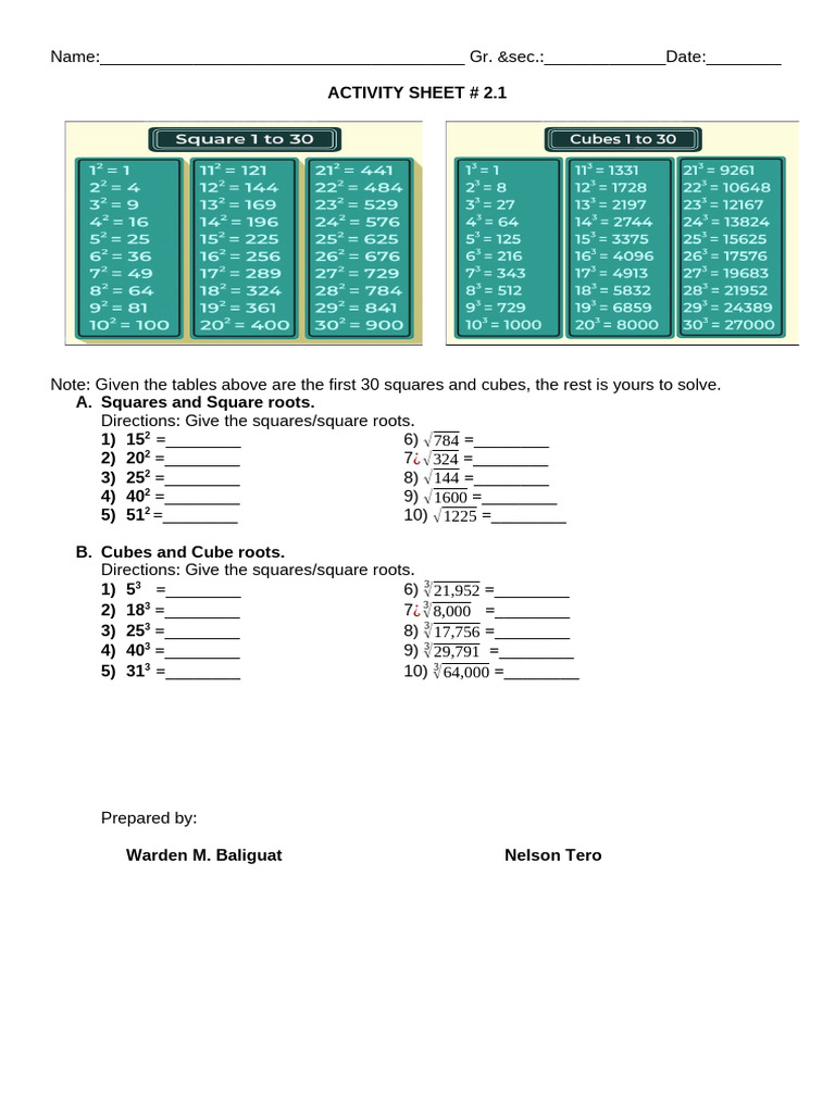 Squares and Cubes Activity Sheet | PDF