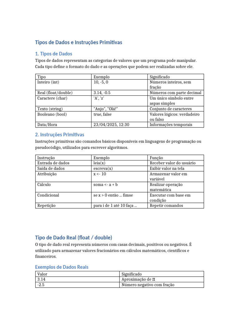 Tipos de Dados e Instrucoes Primitivas | PDF | Tipo de dados | Números