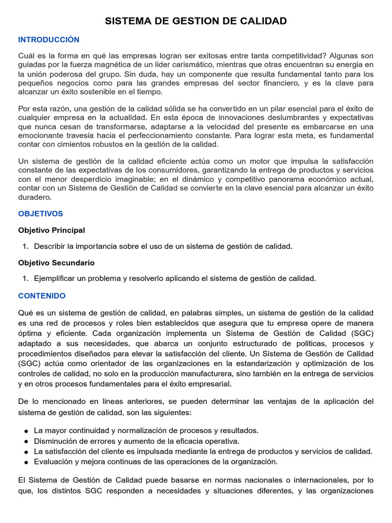Importancia del Sistema de Gestión de Calidad | PDF | Sistema de manejo ...
