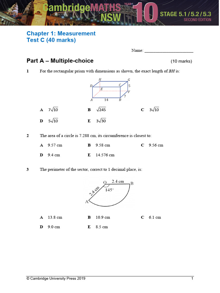 Cambridge Quiz Year 10 Surface Area and Volume 3 | PDF | Area | Sphere