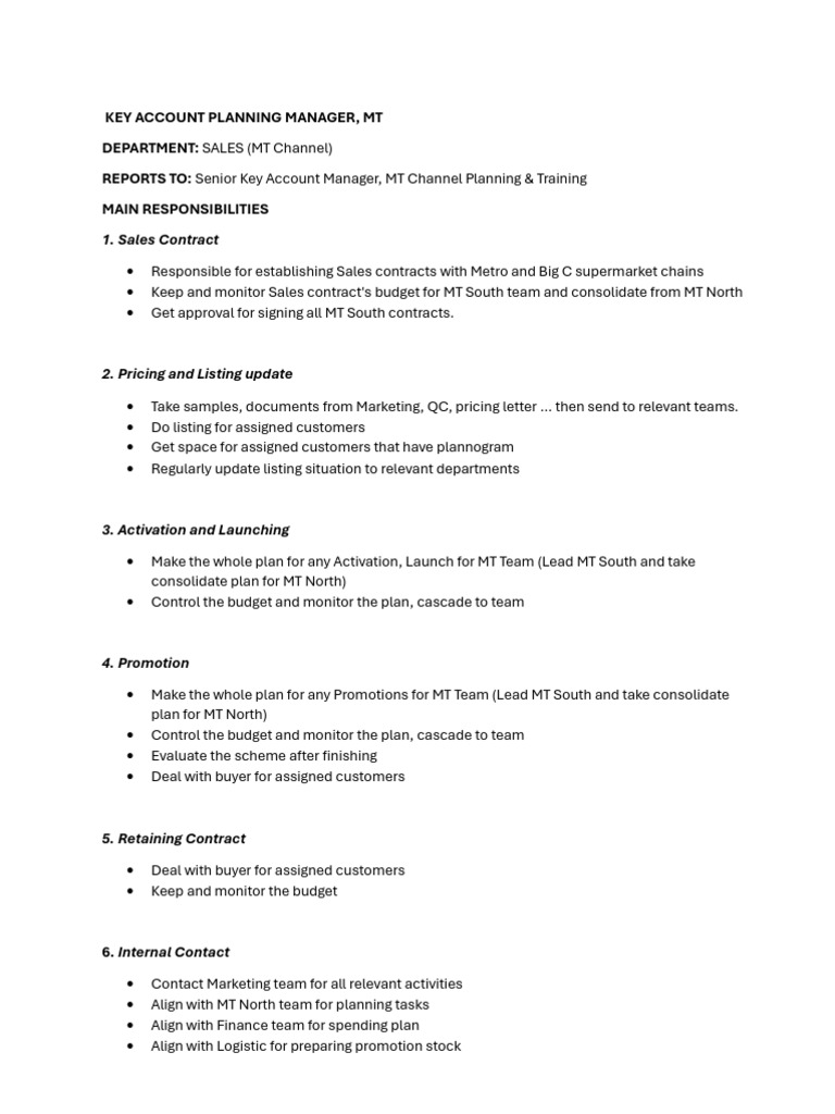 JD - Key Account Planning Manager - MT | PDF