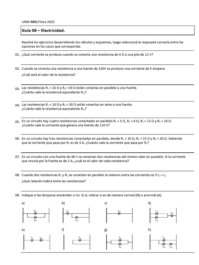 Guía de Ejercicios de Electricidad 2025 | PDF | Resistencia Eléctrica y ...