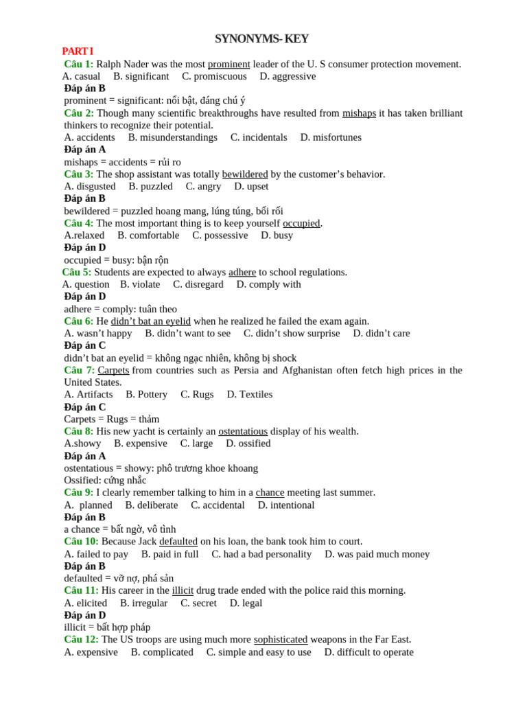 Synonyms Practice Questions and Answers | PDF