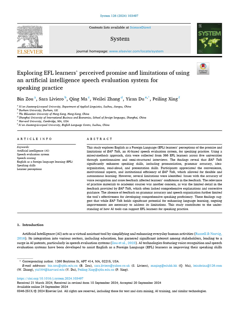 EFL Learners' Views on AI Speech Evaluation | PDF | English As A Second ...