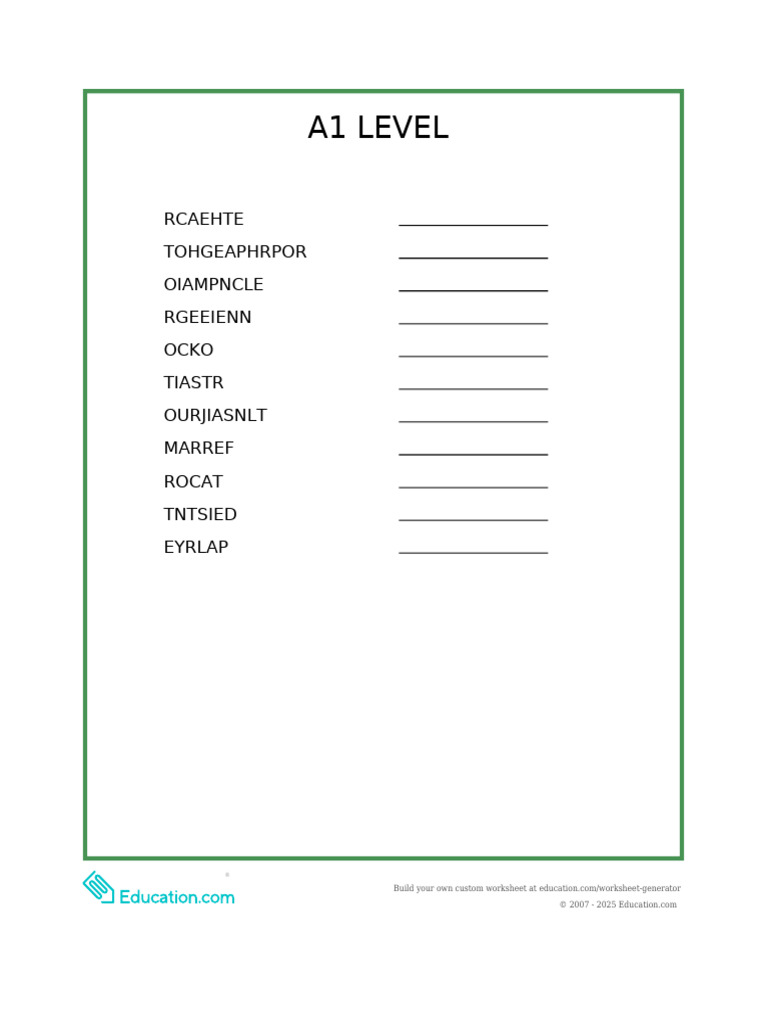 A1 Level Word Scramble Worksheet | PDF