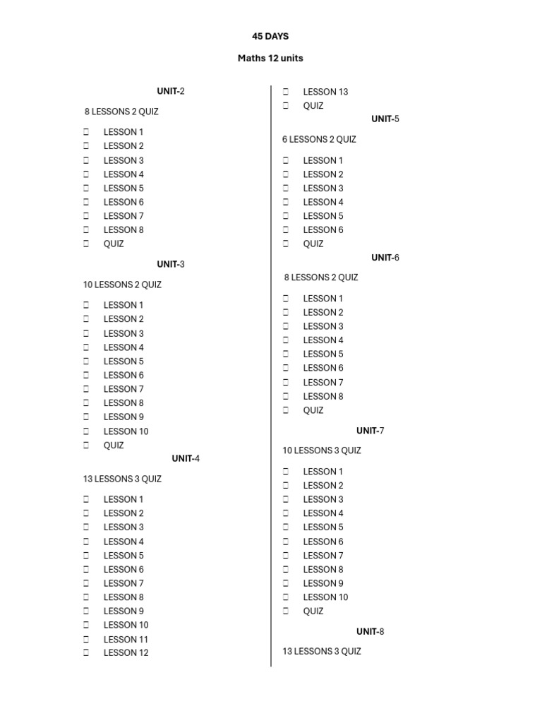 Unit-Unit-: 45 Days Maths 12 Units | PDF