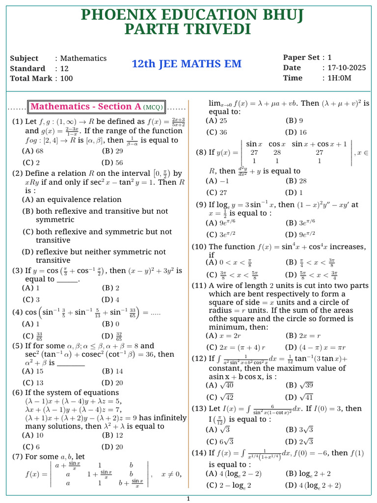 12th JEE MATHS EM 949844 1 1760635354 | PDF | Geometry | Mathematical ...