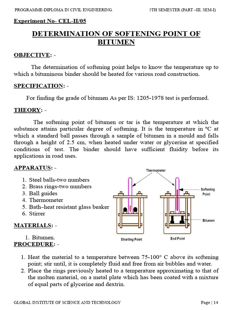Softening Point Test for Bitumen | PDF | Thermometer | Physical Sciences