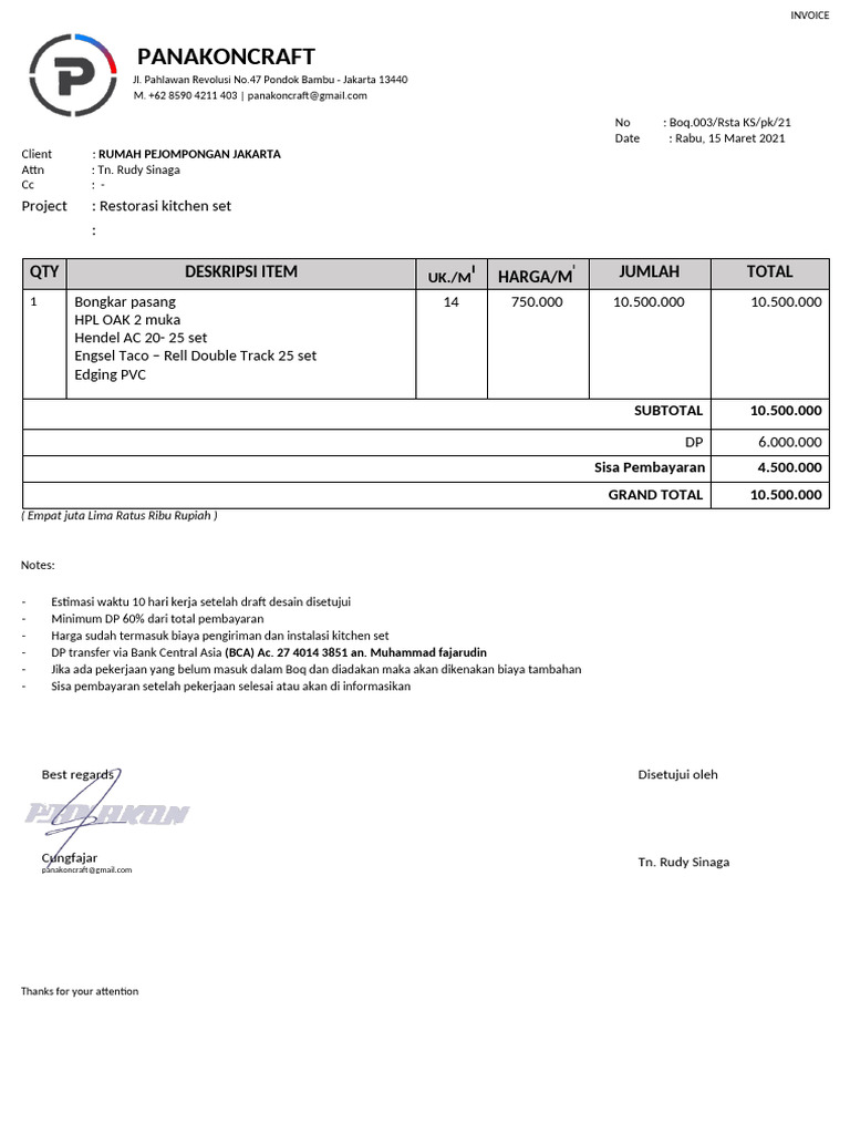 Invoice Restorasi Kitchen Set Jakarta | PDF