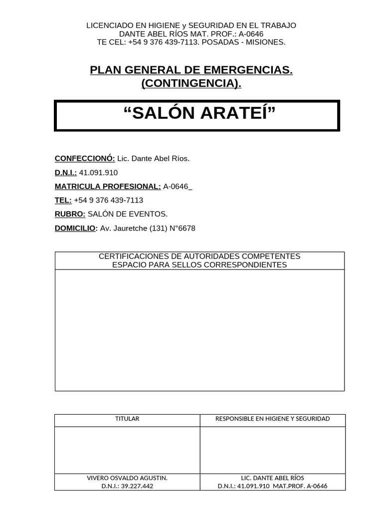 Plan de Emergencias para Salón Arateí | PDF | Seguridad y salud ...