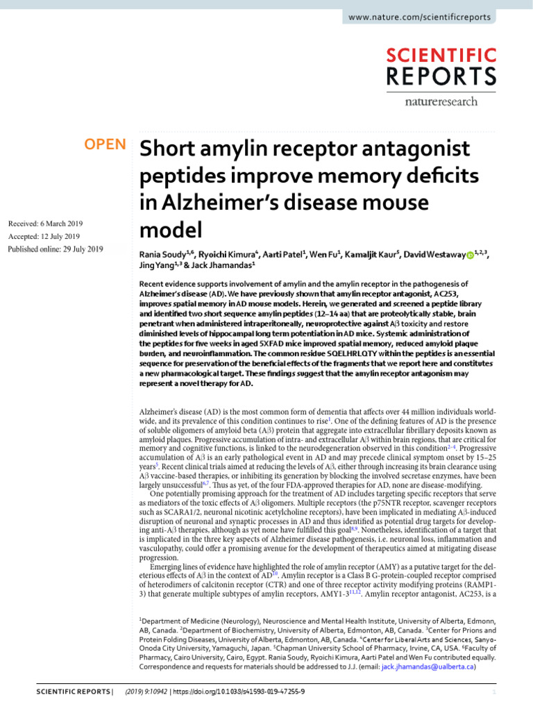 Short Amylin Receptor Antagonist Peptides Improve Memory Defcits in ...
