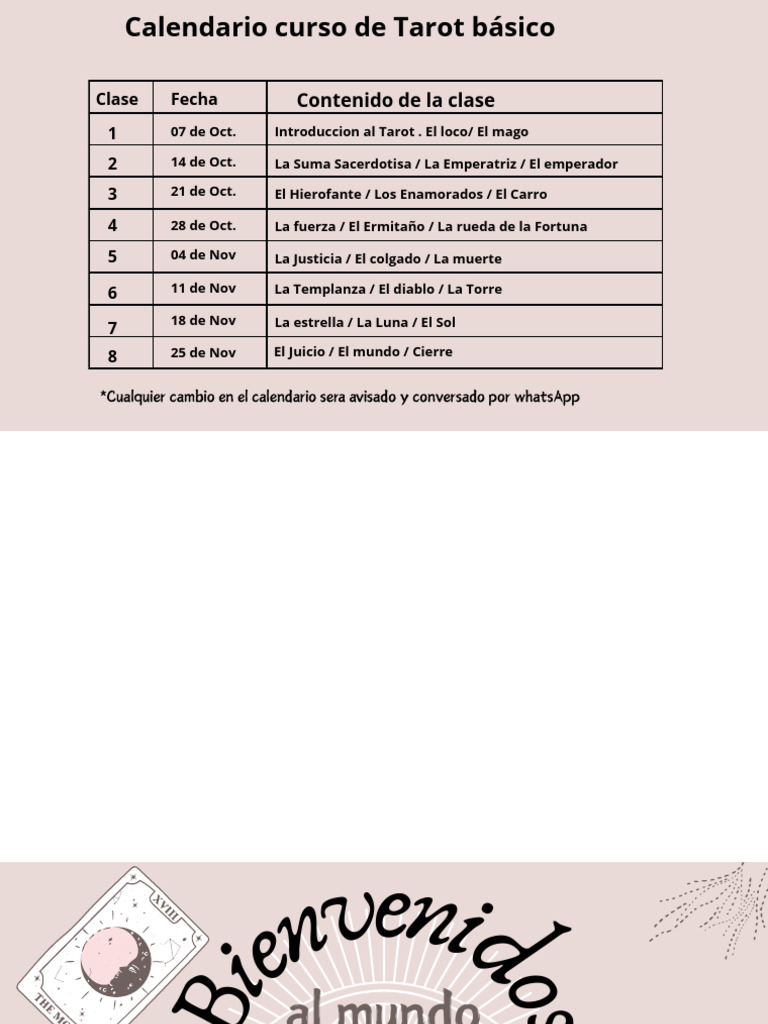 Calendario Curso de Tarot Básico | PDF | Tarot | Amor